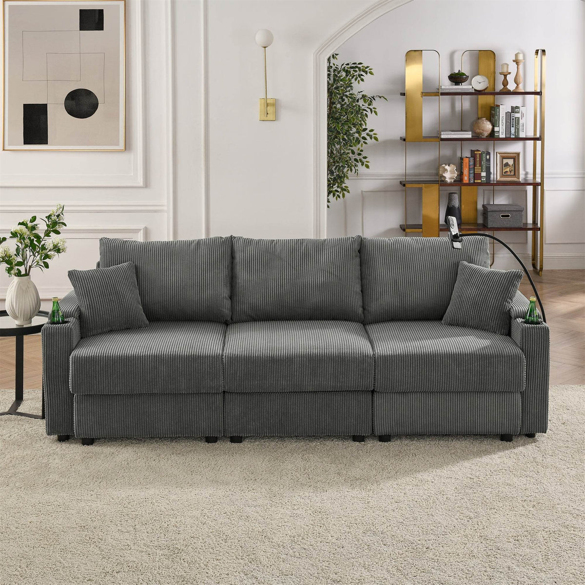 Modern Armless Corduroy Upholstered 3-Seat Sofa - Omega Lifestyles