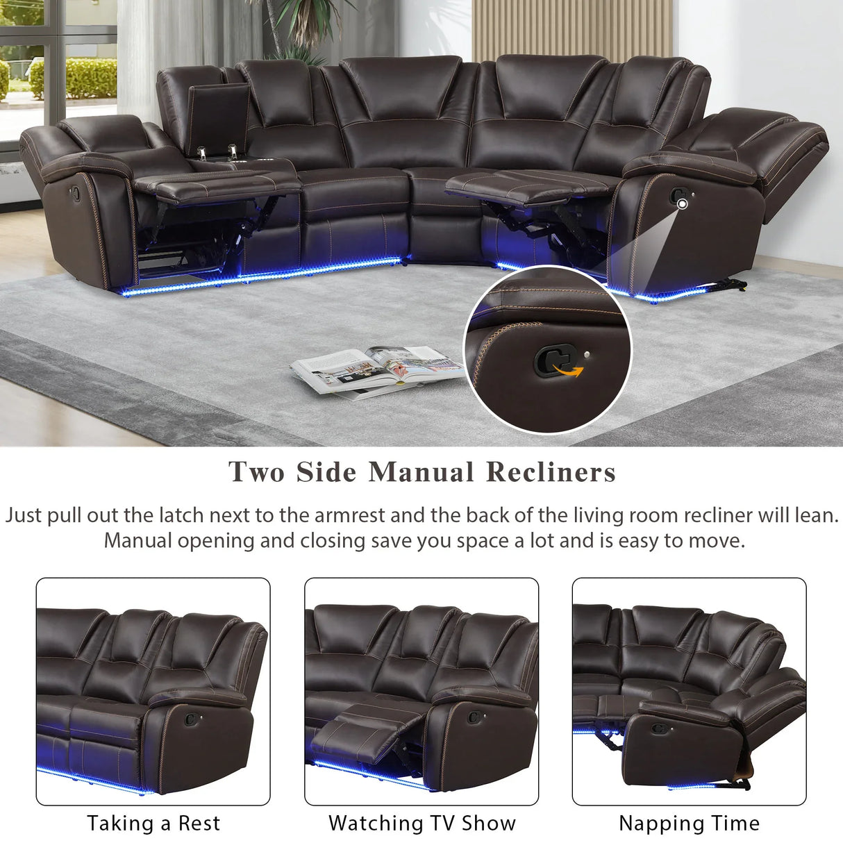 Modern Brown PU Leather Manual Reclining Sectional Sofa - Omega Lifestyles