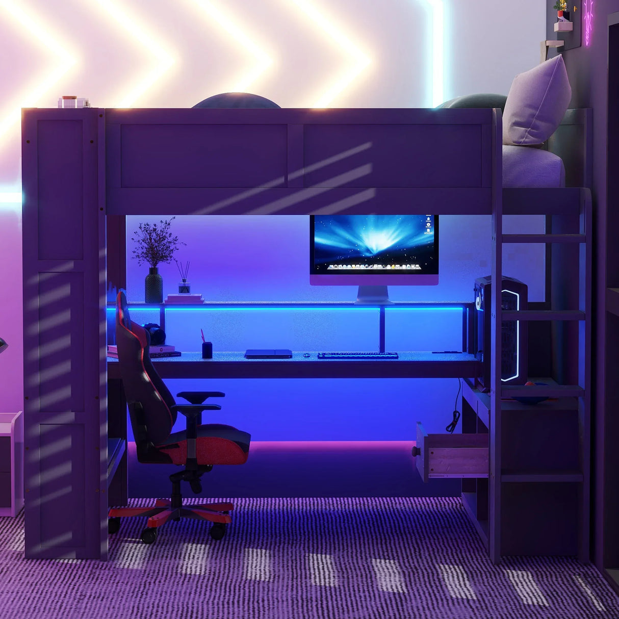 Full Wood Gaming Loft Bed Frame With Desk LED Charging Station - Omega Lifestyles