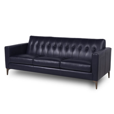 Mid-Century Tufted Navy Leather 3-Seat Sofa - Omega Lifestyles