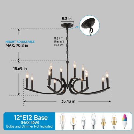 12-Light Matte Black Farmhouse Metal Chandelier Adjustable Height - Omega Lifestyles
