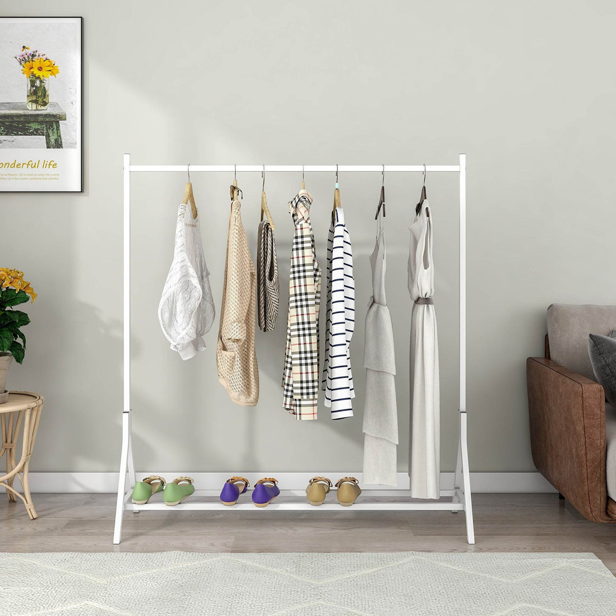 Industrial Vintage Metal Freestanding White Garment Rack - Omega Lifestyles