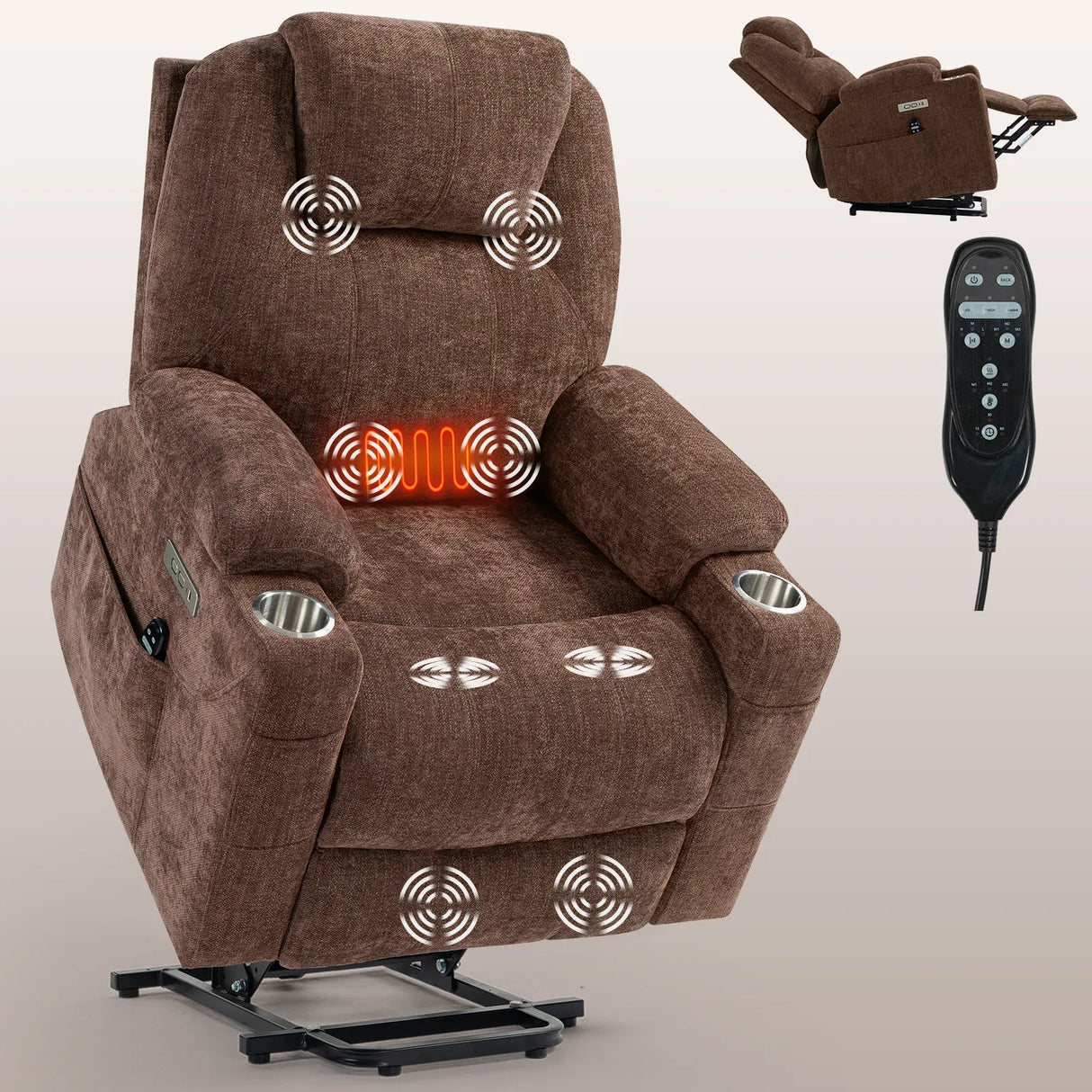 Chenille Power Lift Recliner Chair With Massage Lumbar Heat - Omega Lifestyles