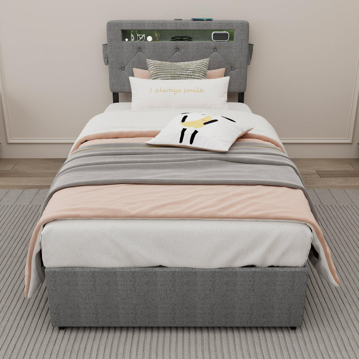 Twin Upholstered Bed Frame With USB Charging Station - Omega Lifestyles