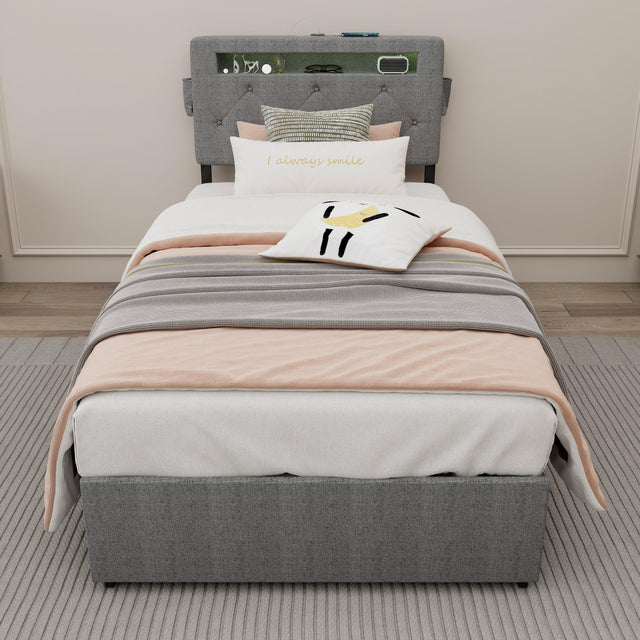 Twin Upholstered Bed Frame With USB Charging Station - Omega Lifestyles