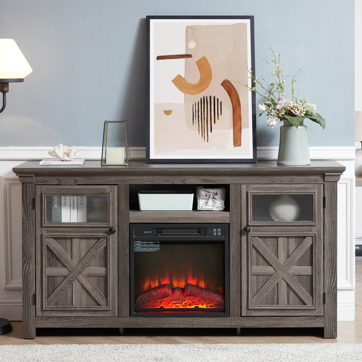 Farmhouse Fireplace TV Stand Console Cabinet Gray - Sleep Galleria