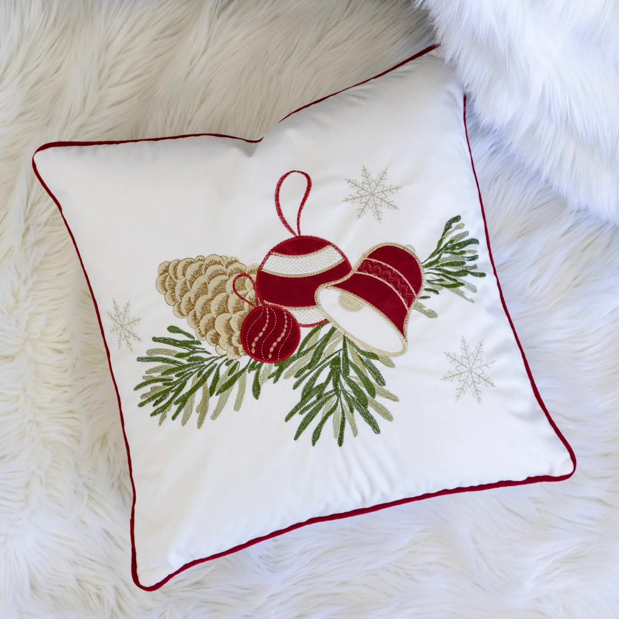 White 20x20 Embroidered Christmas Velvet Throw Pillow - Omega Lifestyles