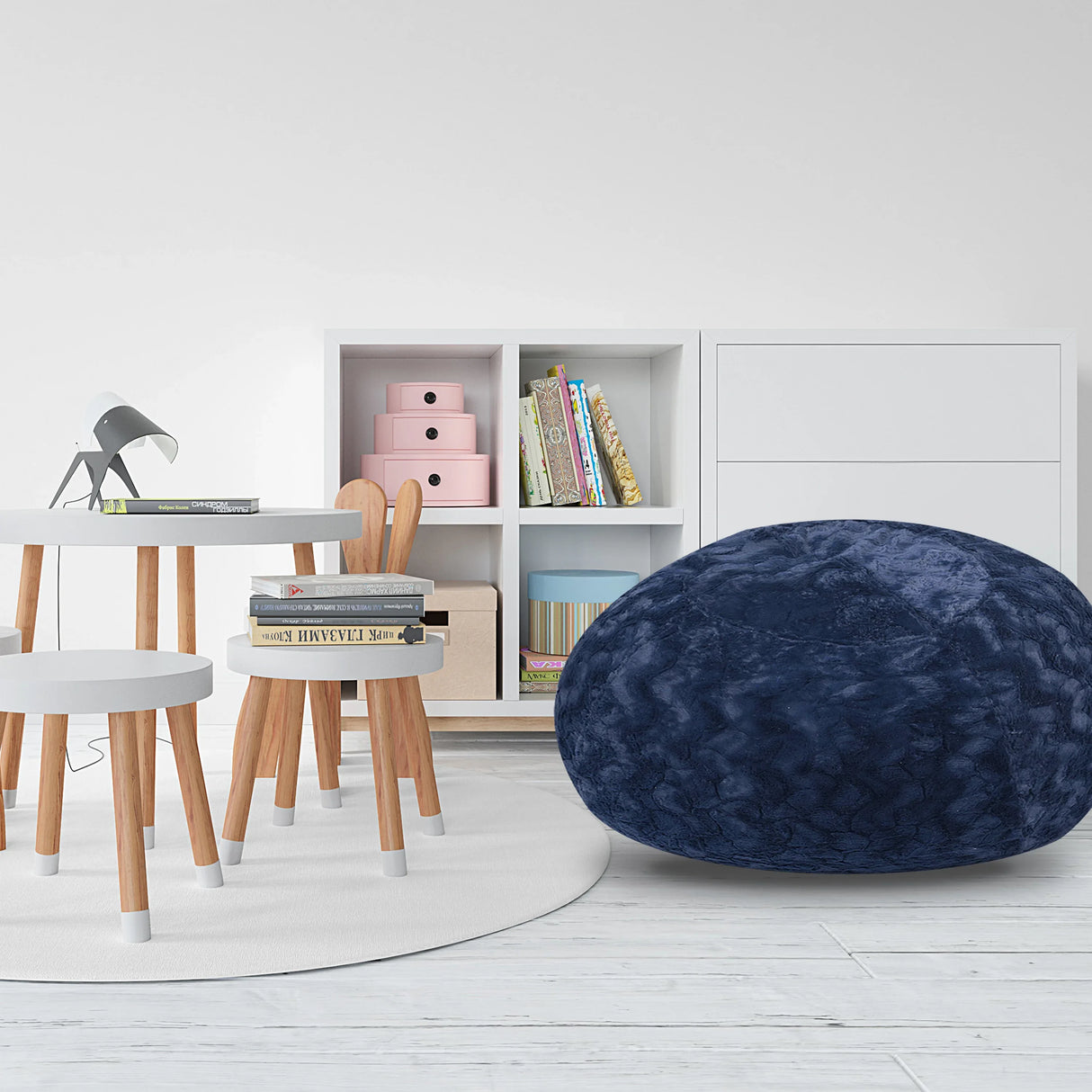 Plush Navy Faux Fur Shredded Foam Bean Bag Chair - Omega Lifestyles