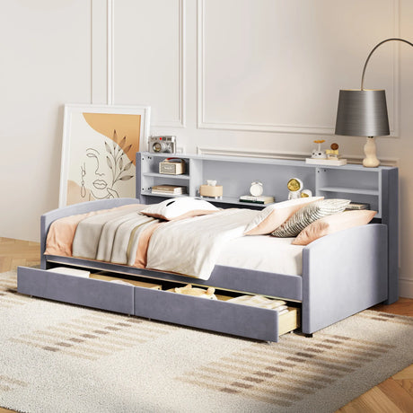 Twin Velvet Upholstered Platform Bed With Storage Drawers - Omega Lifestyles