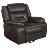 Brown Upholstered Swivel Glider Recliner With Pillow Top Arms - Omega Lifestyles