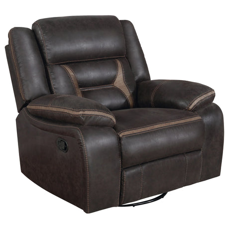 Brown Upholstered Swivel Glider Recliner With Pillow Top Arms - Omega Lifestyles