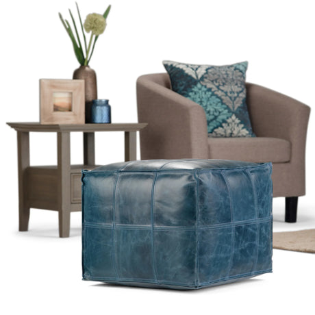 Teal Genuine Buffalo Leather Square Pouf Seating - Omega Lifestyles