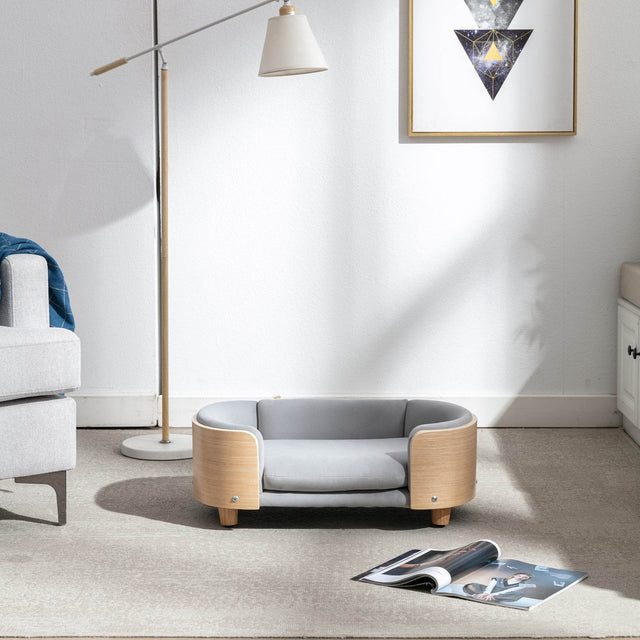 Scandinavian Style Solid Wood Elevated Pet Bed With Velvet Cushion - Omega Lifestyles