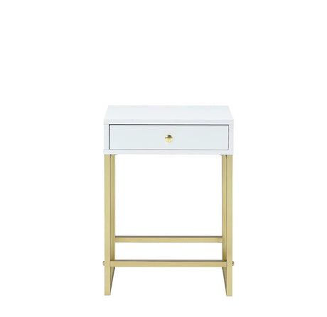 White Brass Finish Metal Accent Table With Drawer - Omega Lifestyles