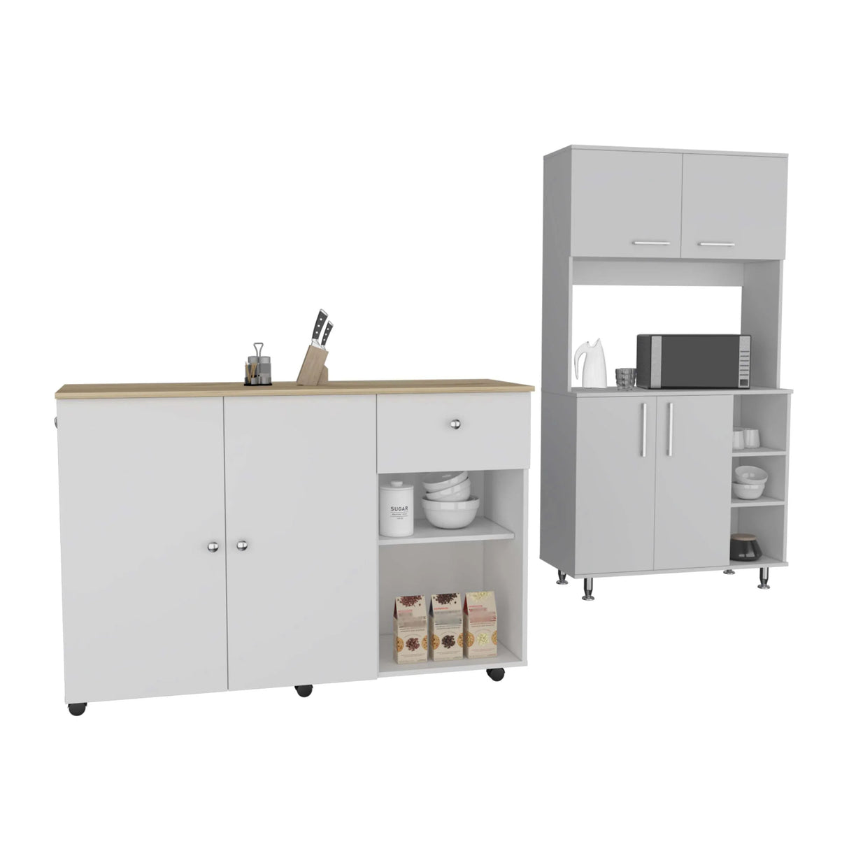 2-Piece Kitchen Island Cart And Pantry Cabinet Set - Omega Lifestyles