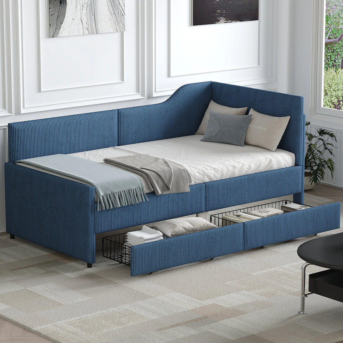 Twin L-Shaped Upholstered Corduroy Daybed With Drawers - Omega Lifestyles