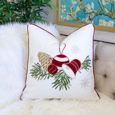 White 20x20 Embroidered Christmas Velvet Throw Pillow - Omega Lifestyles