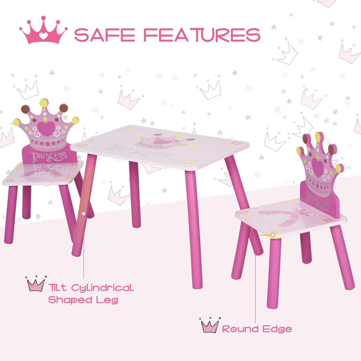3-Piece Kids Wooden Table And Chair Set With Crown Pattern - Omega Lifestyles