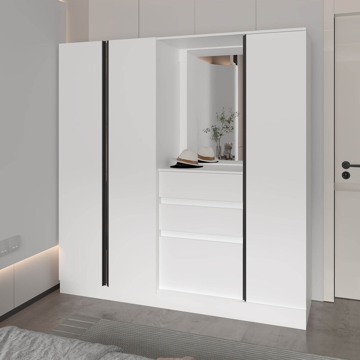 Modern White Wardrobe Organizer With Mirror And Storage
