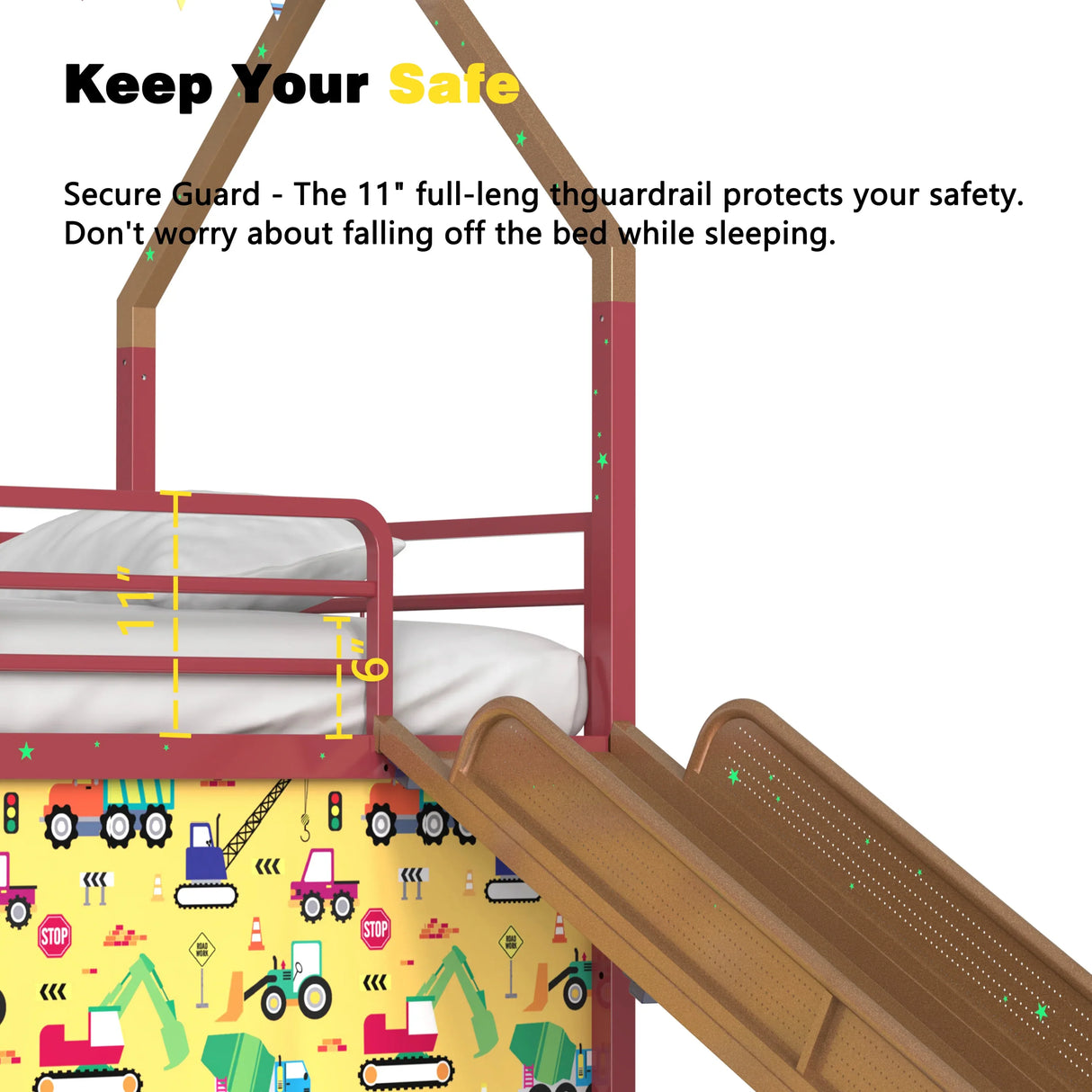 Twin Metal Junior House Loft Bed With Slide And Curtain - Omega Lifestyles