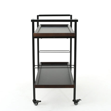 Modern Industrial Walnut Wood Rolling Bar Cart - Omega Lifestyles