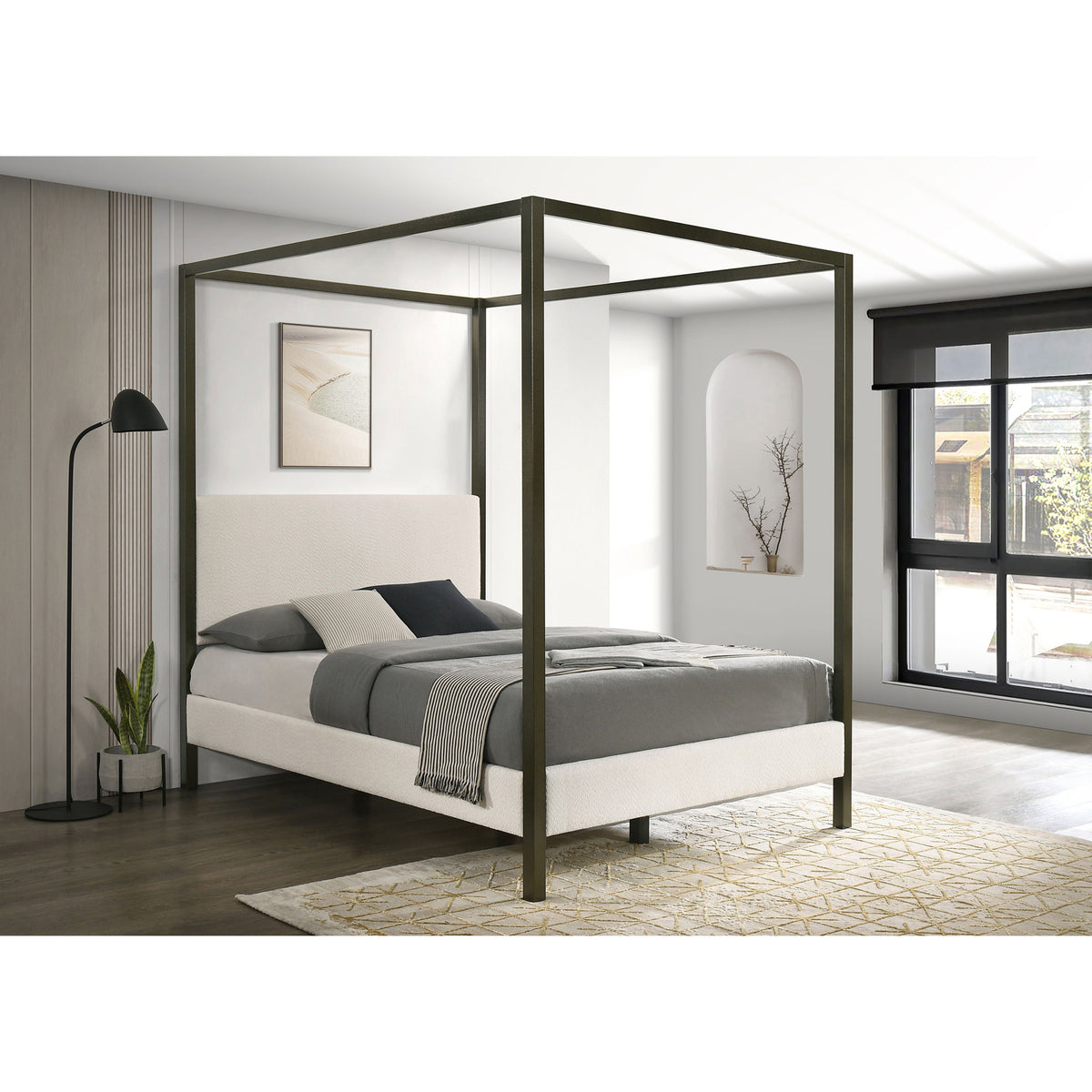 Queen Vanilla Upholstered Four-Post Canopy Bed Frame