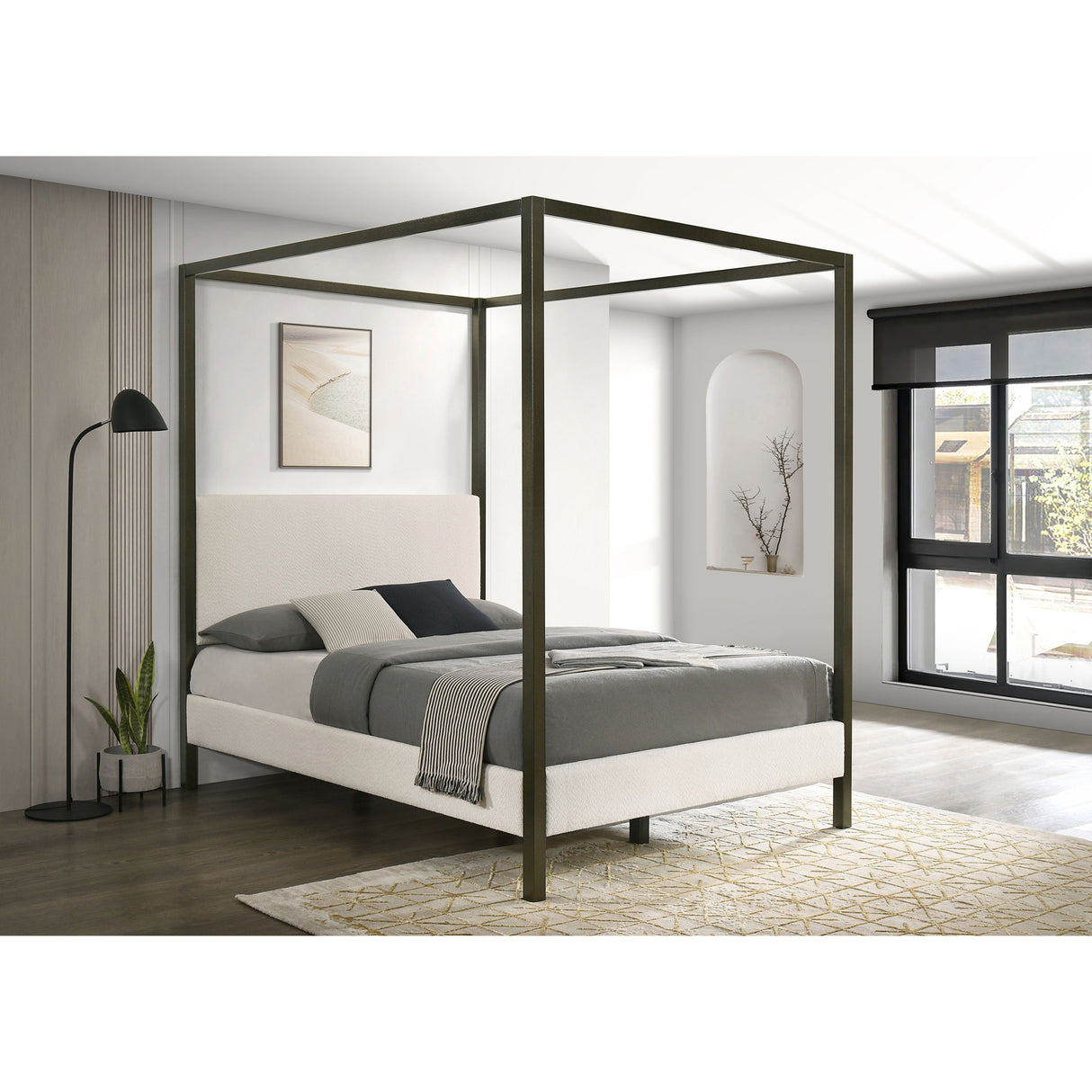 Queen Vanilla Upholstered Four-Post Canopy Bed Frame