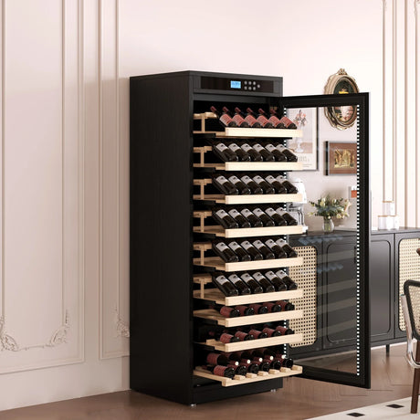 Temperature-Controlled Multi-Tiered Black Wood Wine Cabinet - Omega Lifestyles