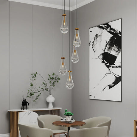 5-Light Brass Raindrop Glass Adjustable Pendant Chandelier - Omega Lifestyles