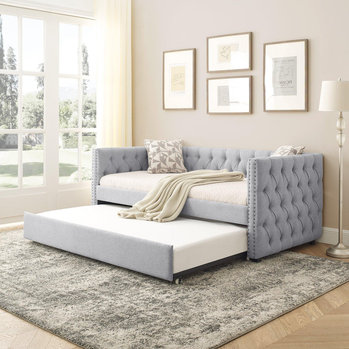 Mid-Century Upholstered Twin Daybed With Trundle Gray Linen - Omega Lifestyles