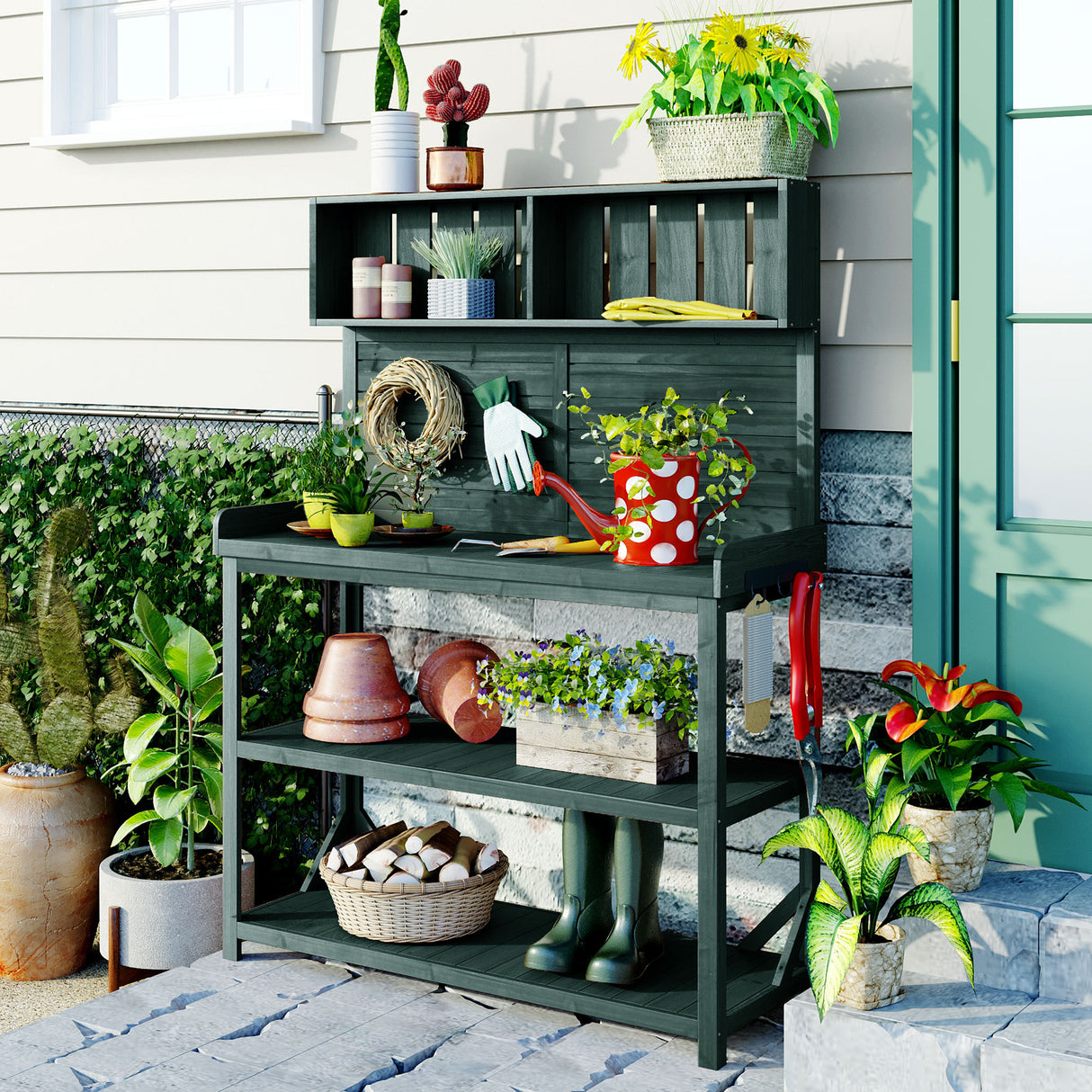 Wooden Farmhouse Rustic Outdoor Potting Bench Table With Shelves