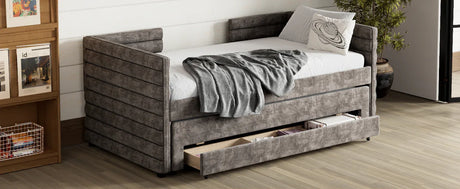 Twin Upholstered Chenille Daybed With Trundle And Drawers - Omega Lifestyles