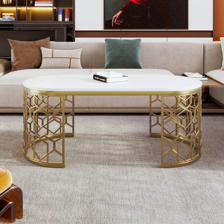 Modern Oval White MDF Gold Metal Coffee Table - Sleep Galleria