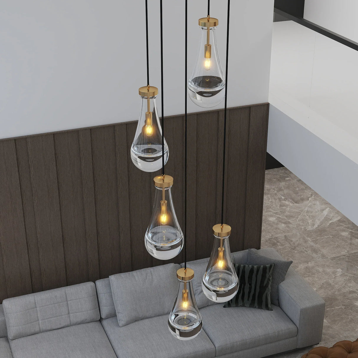 5-Light Brass Raindrop Glass Adjustable Pendant Chandelier - Omega Lifestyles