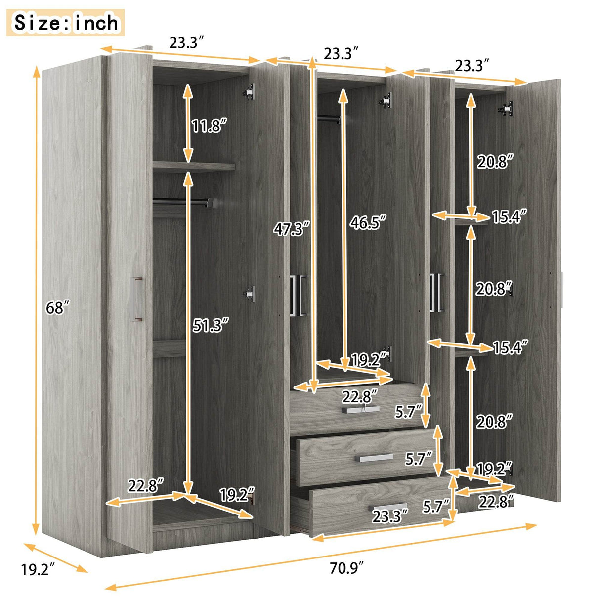 6-Doors Modern Gray Wooden Wardrobe Storage Cabinet - Omega Lifestyles