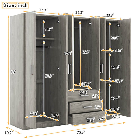 6-Doors Modern Gray Wooden Wardrobe Storage Cabinet - Omega Lifestyles