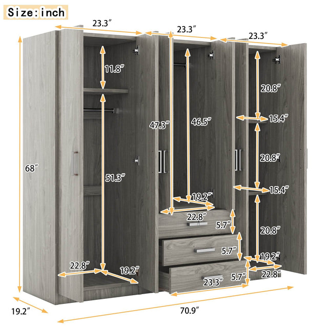 6-Doors Modern Gray Wooden Wardrobe Storage Cabinet - Omega Lifestyles