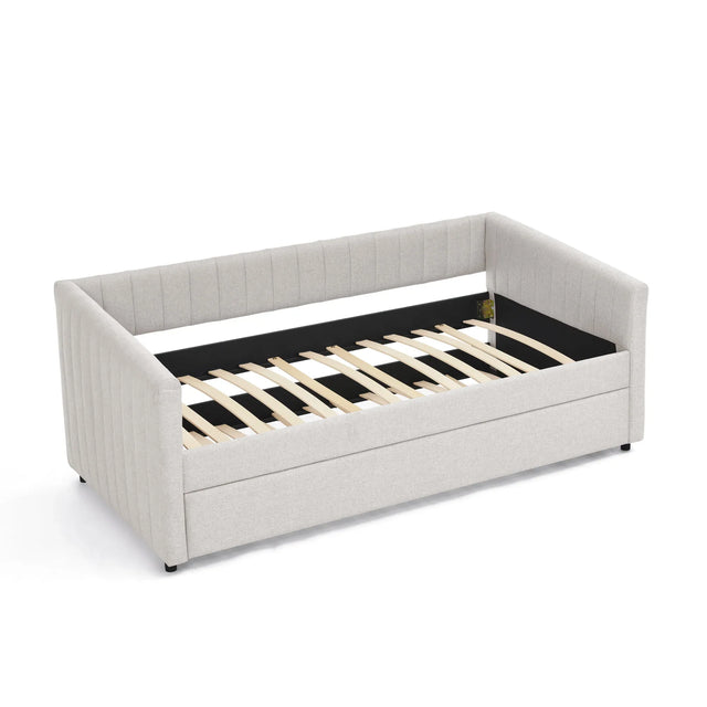 Twin Upholstered Linen Daybed With Functional Trundle - Omega Lifestyles