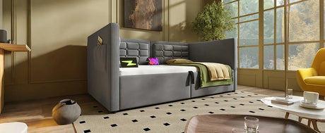 Twin Gray Velvet Upholstered Hydraulic Storage Daybed With USB Charging - Omega Lifestyles