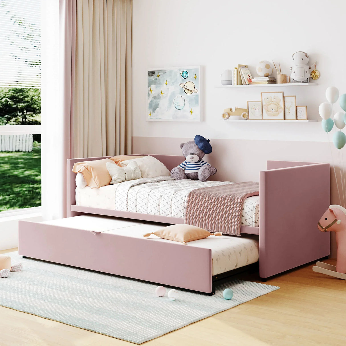 Twin Upholstered Daybed With Pop-Up Trundle Pink - Omega Lifestyles