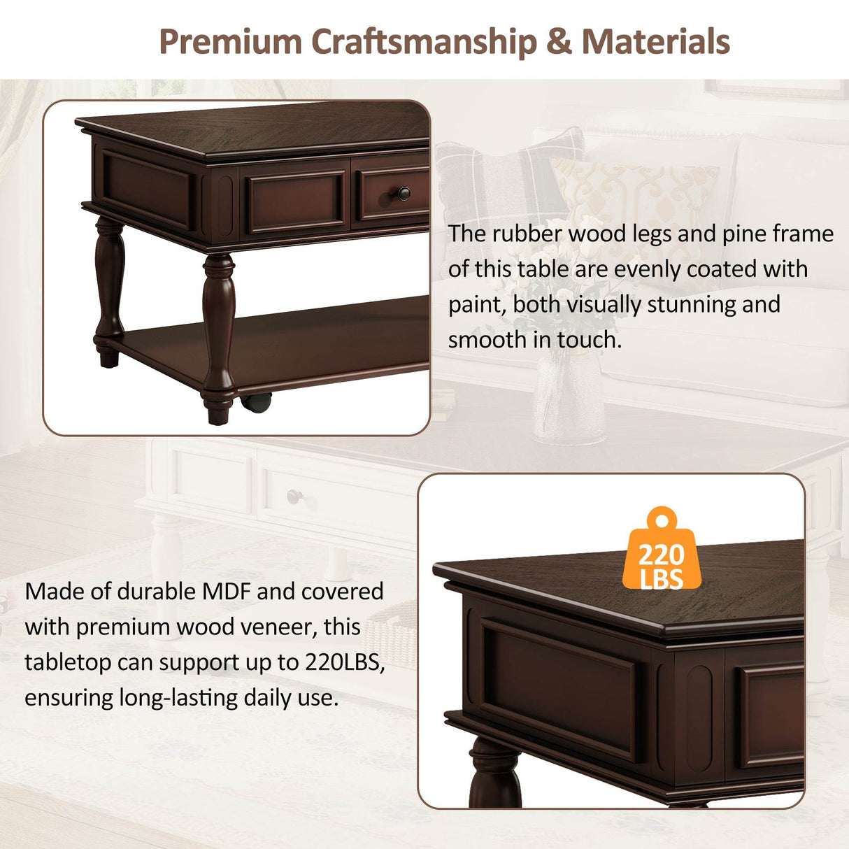 Retro Farmhouse Coffee Table With Drawer And Wheels - Sleep Galleria