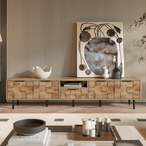 Natural Wood Checkered Pattern TV Stand With Storage - Omega Lifestyles