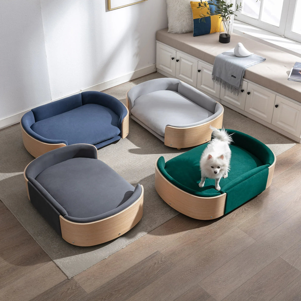 Scandinavian Solid Wood Elevated Pet Sofa Bed With Velvet Cushion - Omega Lifestyles