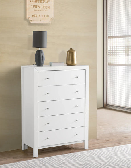 White Five-Drawer Wood Veneer Bedroom Chest - Omega Lifestyles