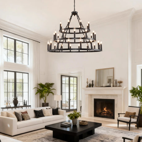 Farmhouse Wagon Wheel 36-Light Matte Black Chandelier - Omega Lifestyles