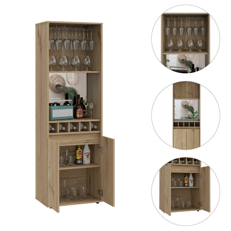 Light Oak 71-Inch Bar Cabinet With Wine Glass Rack - Omega Lifestyles