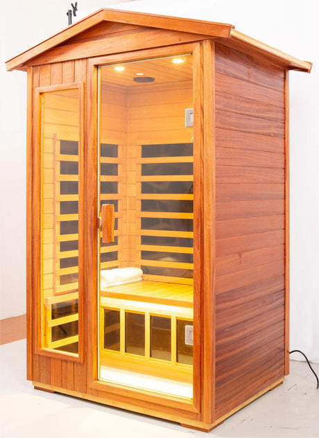 Two Person Far Infrared Khaya Wood Outdoor Sauna Room - Omega Lifestyles