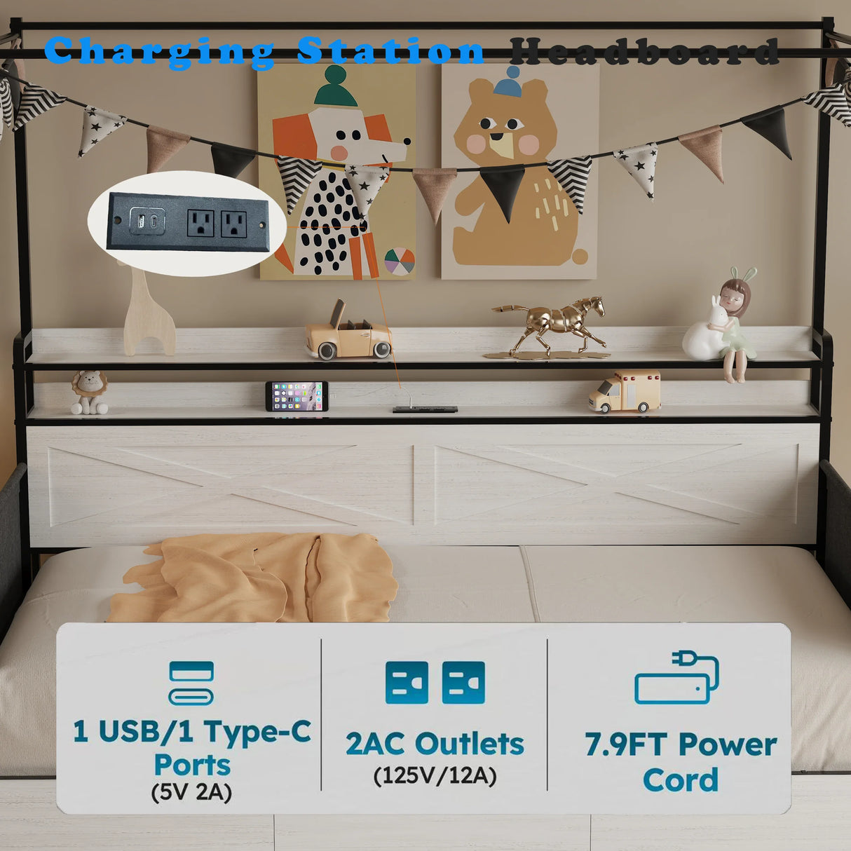 Twin Daybed Frame With 3 Storage Drawers LED Charging Station - Omega Lifestyles