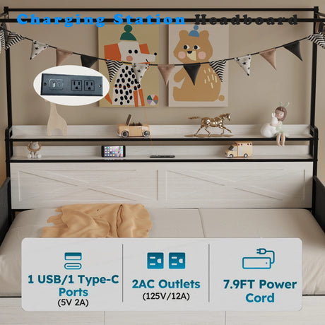 Twin Daybed Frame With 3 Storage Drawers LED Charging Station - Omega Lifestyles