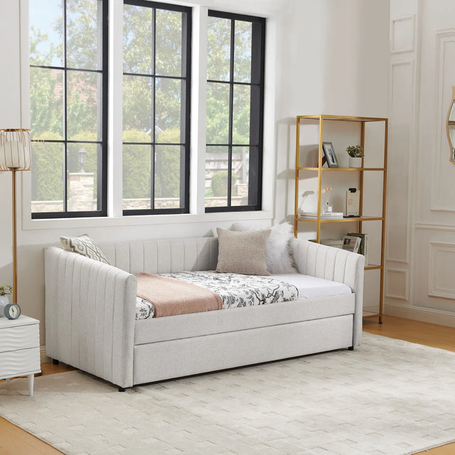 Twin Upholstered Linen Daybed With Functional Trundle - Omega Lifestyles